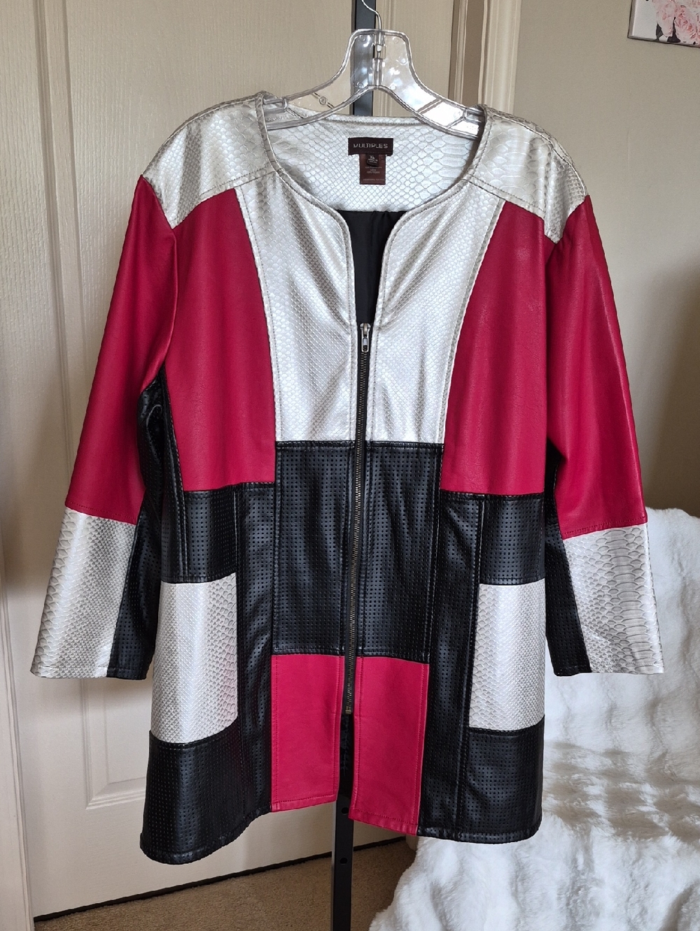 Multiples Colorblock Faux Leather Zip Jacket XL Red Black White